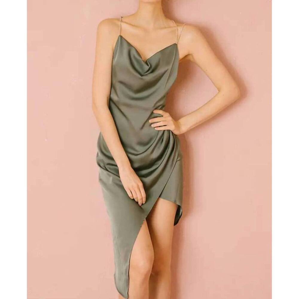 NEW STORIA asymmetric midi dress in moss